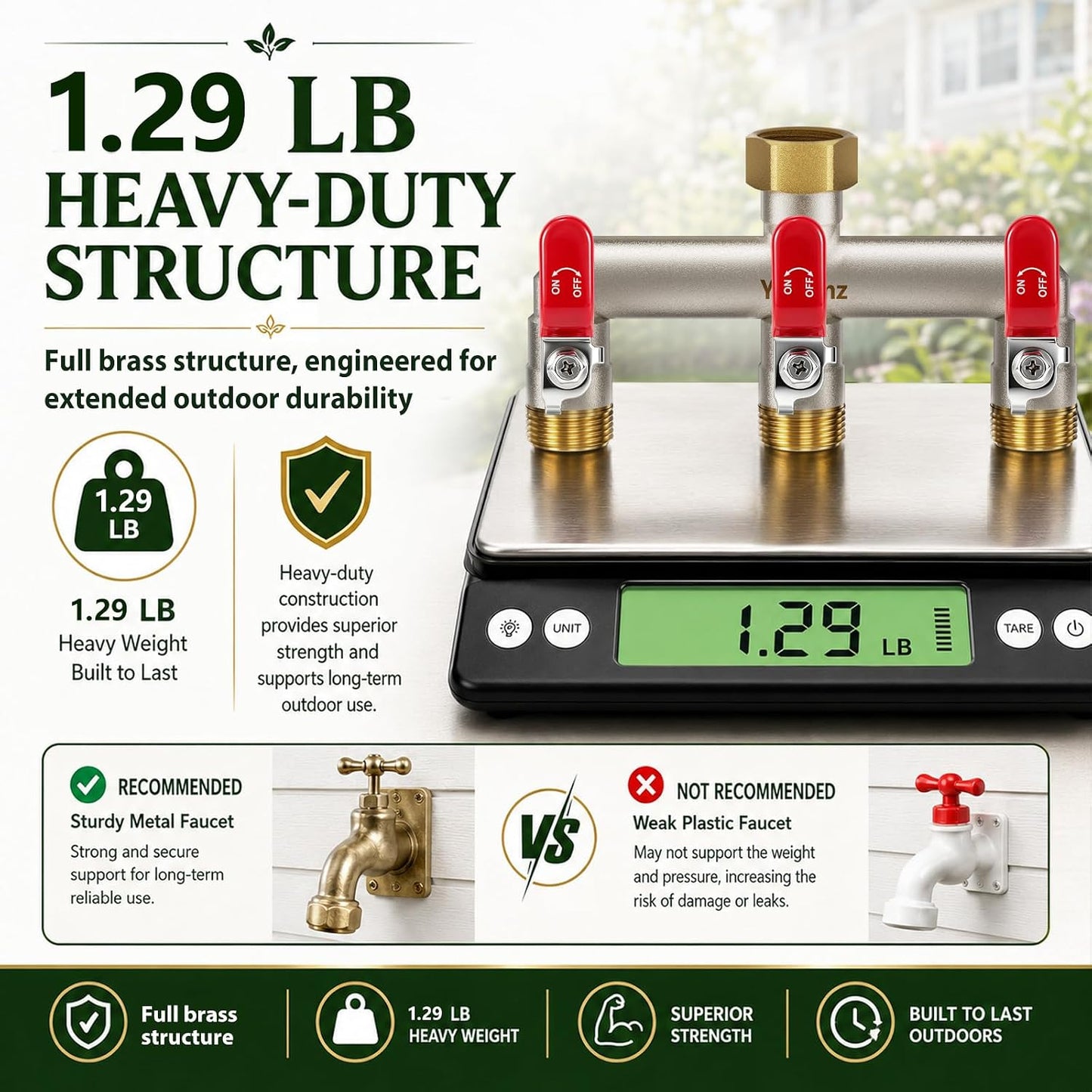 Garden Hose Splitter 3-Way, Heavy Duty Brass Hose Splitter | Outdoor Water Spigot Splitter, Full Flow, Long Handles, Shut-off Valves, Wide Spacing Fit Large Timer