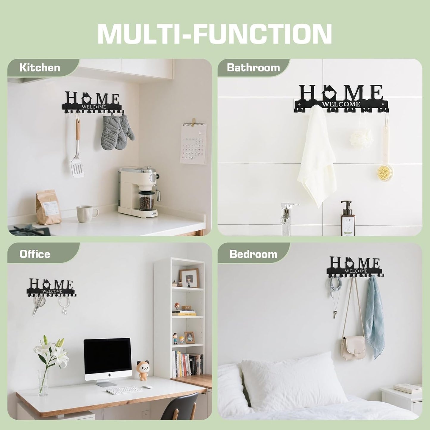 Key Holder Wall Mount, Adhesive Metal Key Hanger with 6 Double Hooks, 2 Installation Methods, Black