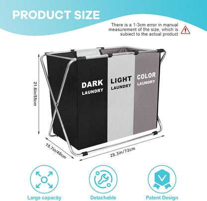 135L Laundry Cloth Hamper Sorter Basket Bin Foldable 3 Sections with Aluminum Frame 26''×24''H Washing Storage Dirty Clothes Bag for Bathroom Bedroom Home Storage Basket (Black+light grey+dark grey, 3