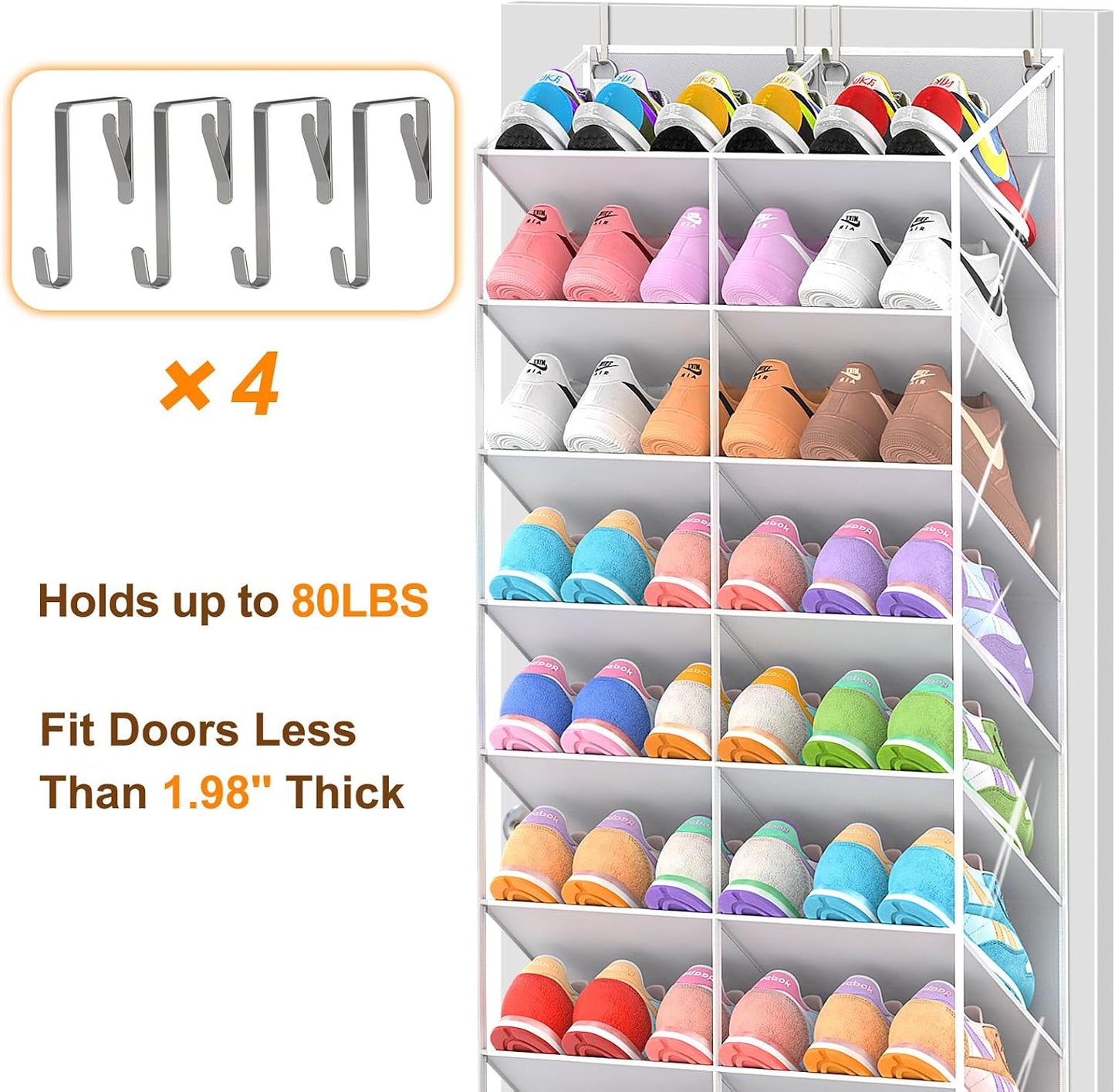 UVIAHOMI 20-30 Pairs Over the Door Shoe Organizer, Clear Pockets Hanging Shoe Storage for Closet, 10-Tier Door Shoes Rack, Handing Shoes Holder Fit All the Family's Sneakers, Boots, Heels, White
