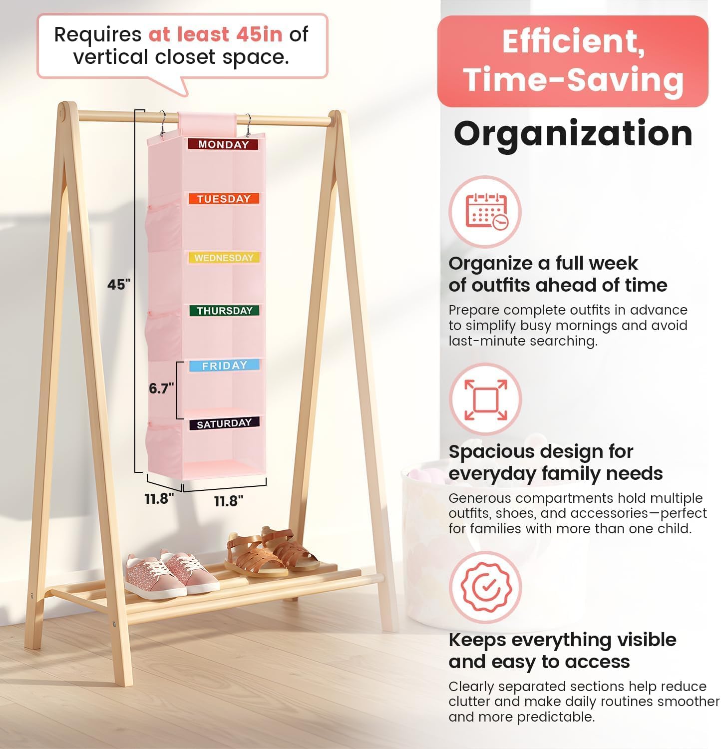 Weekly Clothes Organizer for Kids, 5-Shelf Kid Hanging Closet Organizer w/ 6 Side Pockets, Labeled Weekly Outfit Organizer for Kids, Days of The Week Clothes Organizer Monday Through Friday White