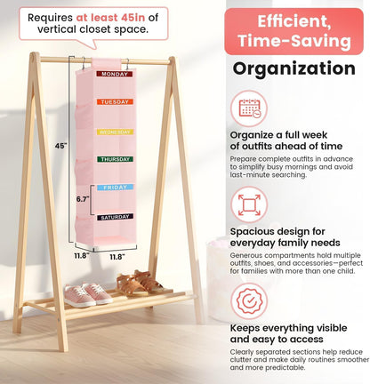 Weekly Clothes Organizer for Kids, 5-Shelf Kid Hanging Closet Organizer w/ 6 Side Pockets, Labeled Weekly Outfit Organizer for Kids, Days of The Week Clothes Organizer Monday Through Friday White