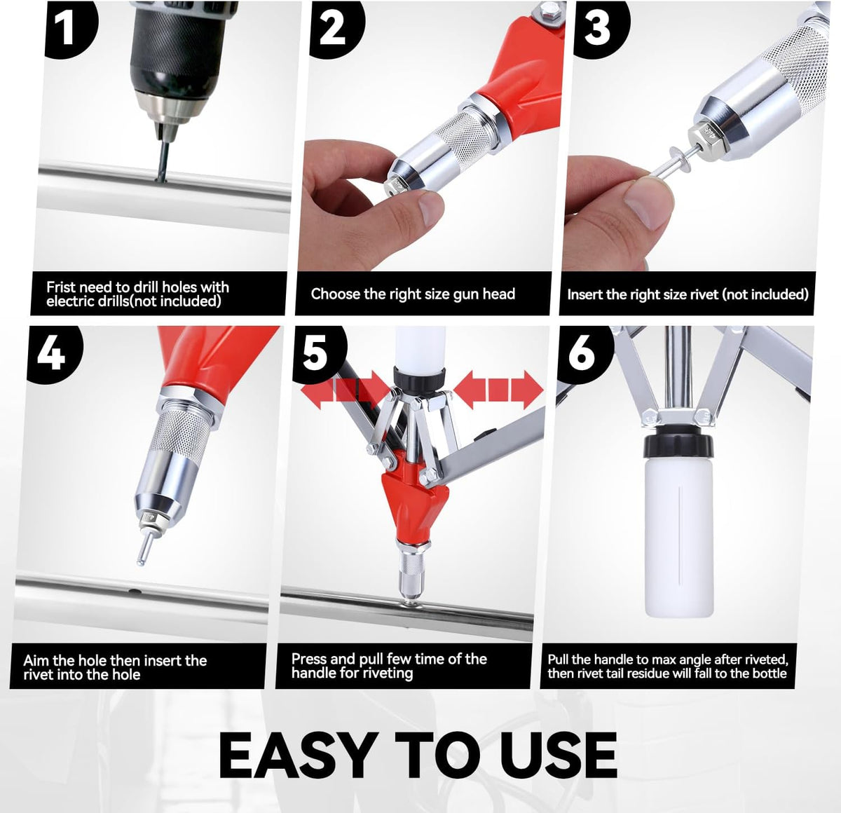 Auto Dynasty 21" Hand Riveter Rivet Nut Tool Set with 5 Guide Nozzle Silver Repair Hand Tool Kit Set for Home Household Office Warehouse