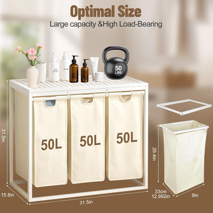 Bamboo Laundry Hamper 3 Section with Lid, 150L Laundry Sorter with Lockable Wheels, Pull-Out Removable Washable Bags, 3 × 12.5 Gal Divided Laundry Baskets for Laundry Room, Bathroom (White)