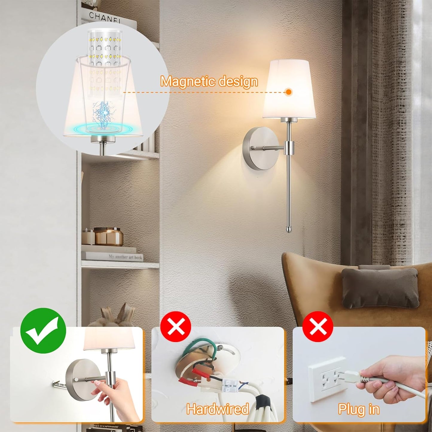 Nekhung Battery Operated Wall Sconces Set of Two, Wireless Battery Wall Light with 10000mAh RGB Dimmable Magnetic Bulb and Remote, Rechargeable Sconce Wall Decor for Bedroom Living Room Hallway