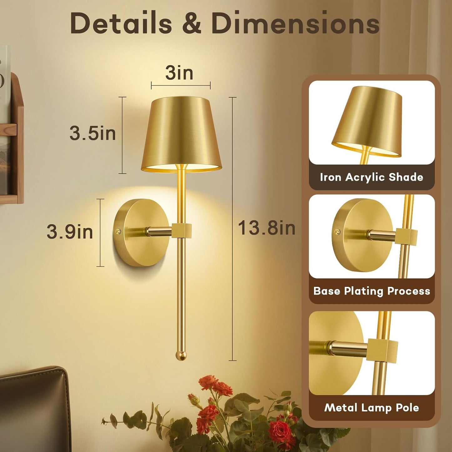 LIGHTESS Battery Operated Wall Sconce Set of Two with Touch and Remote Control, Dimmable Rechargeable Wall Lights for Living Room, Bedroom, Hallway (Gold)