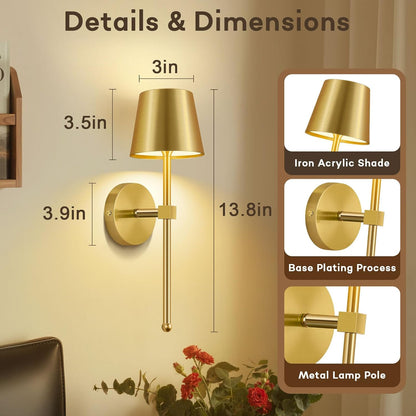 LIGHTESS Battery Operated Wall Sconce Set of Two with Touch and Remote Control, Dimmable Rechargeable Wall Lights for Living Room, Bedroom, Hallway (Gold)