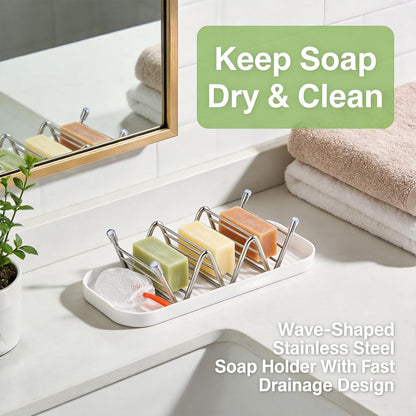 Multi-Purpose Wave Shampoo Bar Holder, Shampoo Bar Holder with Removable Drip Tray & Lather Net, Self Draining Quick Dry Bar Soap Holder for Shampoo Bars & Soap (3-Slot)