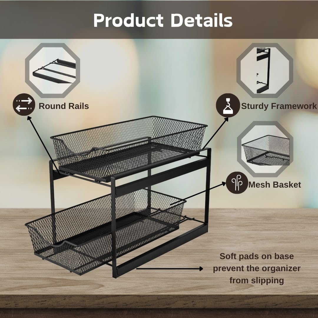 IBERG 2 Tier Bathroom Organizer Under Sink with Pull Out Drawer (Black)