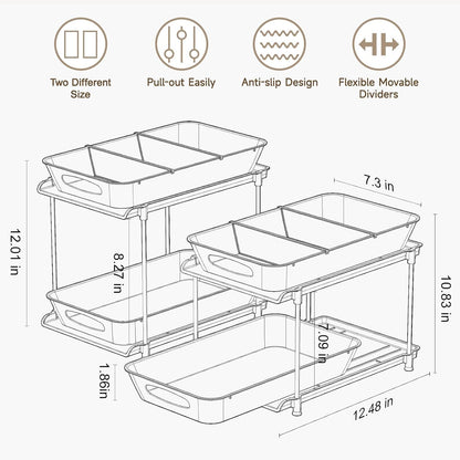Sevenblue 4-Pack 2-Tier Under Sink Organizer with Pull Out Drawers | Multi-use kitchen & bathroom storage. Includes hanging hooks and cups. Black, space-saving cabinet design.