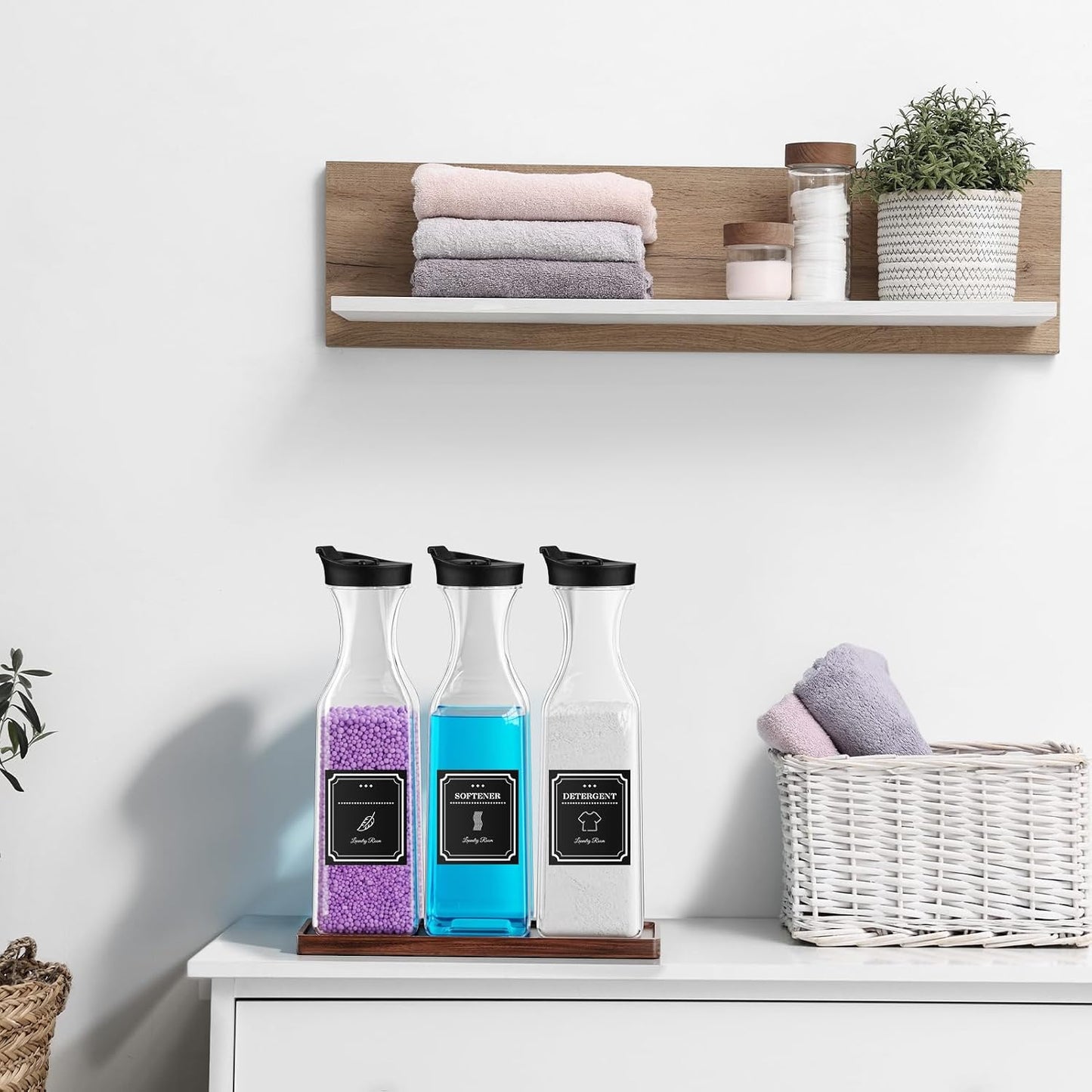 Laundry Detergent Dispenser,54OZ Laundry Soap Dispenser,Liquid Laundry Detergent Container,Fabric Softener Dispenser with Bamboo Wood Tray,Laundry Room Organizer with 4 Labels
