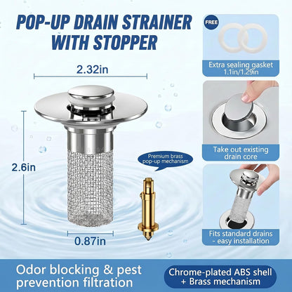 2PCS Bathroom Sink Drain Strainer, Pop-up Stopper Hair Catcher with Stainless Steel Filter Basket, Universal Replacement Drain Plug for Bathroom Sinks