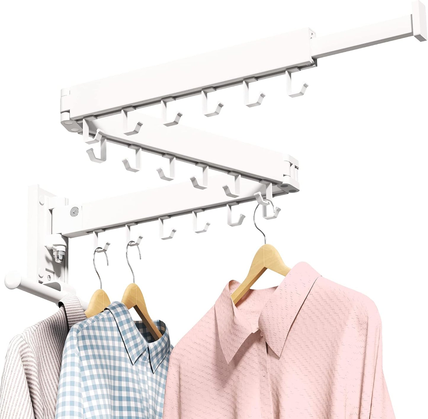 LIENAHU Wall Mounted Clothes Drying Rack, Collapsible, Folding, Retractable - Clothes Hanging Rack (Hooks, White)