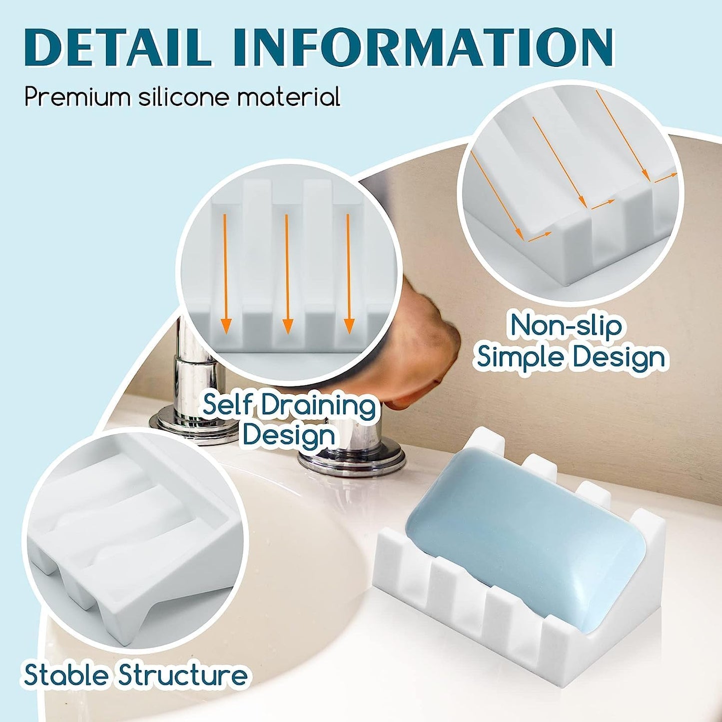 Self Draining Silicone Soap Dish with Suction Cups - Non-Slip Bar Soap Holder for Shower & Kitchen, Waterfall Tray Keeps Soap Dry, Easy Clean, Extends Soap Life (White, 1)