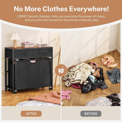 Laundry Sorter 3 Section, 120 L Laundry Hamper with 2 Drawers & 2-tone Top Panel, Rolling Laundry Basket Organizer with Pull-Out Removable Oxford Fabric Bags for Laundry Room Organization UNZYL006BVV3