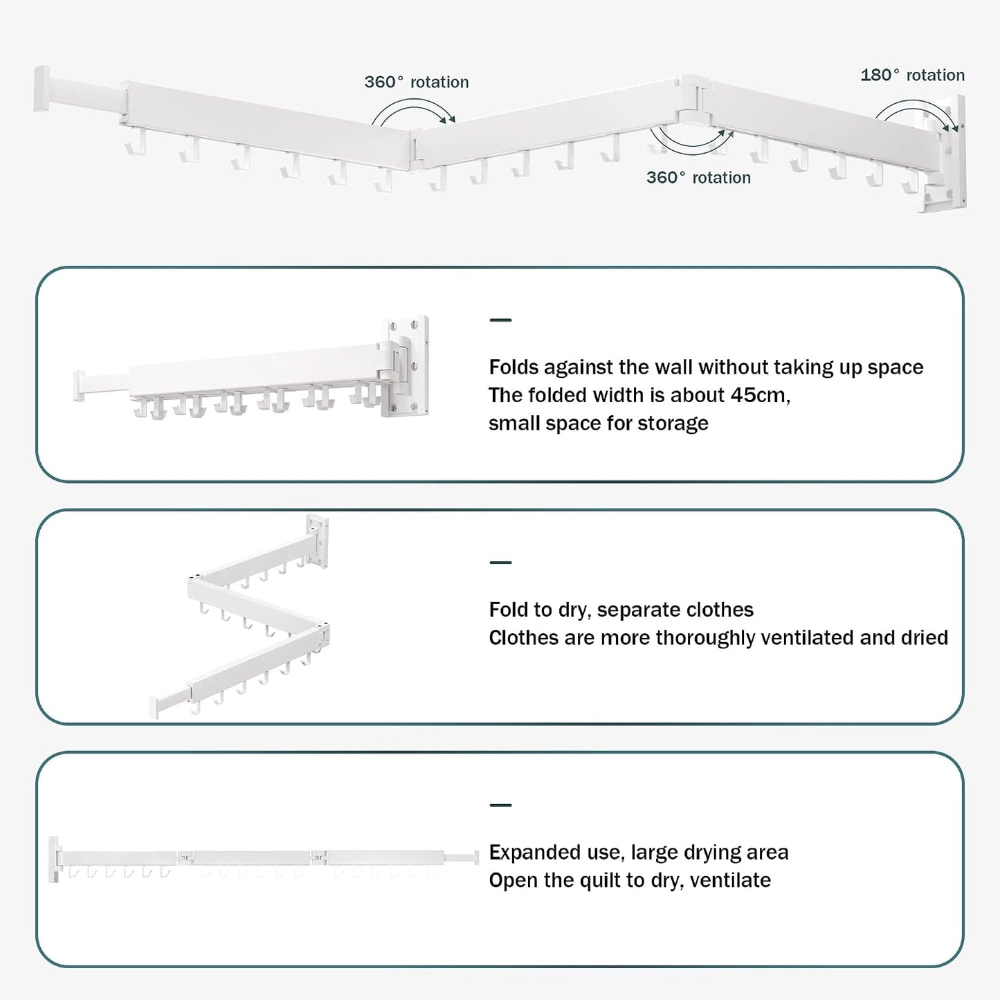 LIENAHU Wall Mounted Clothes Drying Rack, Collapsible, Folding, Retractable - Clothes Hanging Rack (Hooks, White)