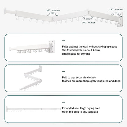 LIENAHU Wall Mounted Clothes Drying Rack, Collapsible, Folding, Retractable - Clothes Hanging Rack (Hooks, White)