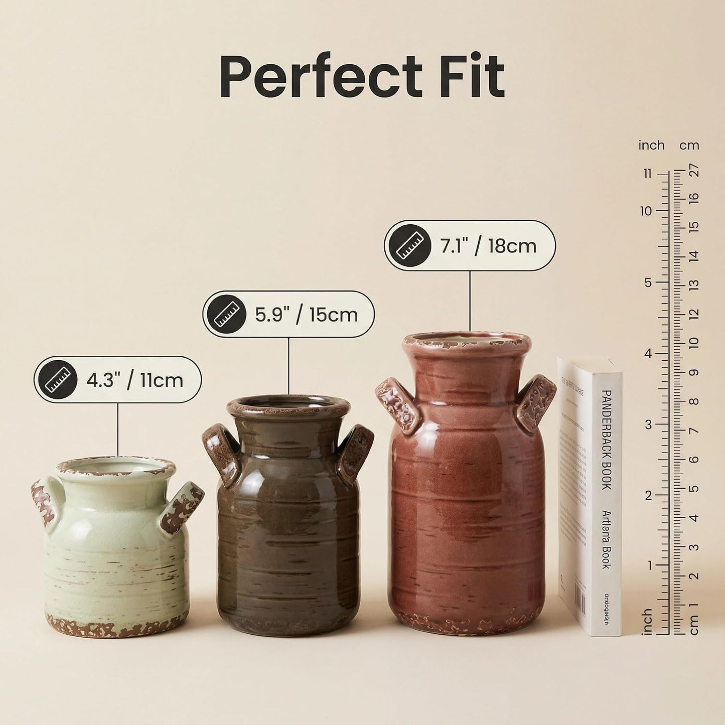 Ceramic Vase Set of 3 with Handles, Green White Neutral Rustic Modern Farmhouse Boho Decor, Versatile as Table Centerpiece or Mantel & Shelf Accent - Unique Home Gift Idea