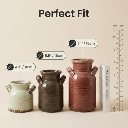 Ceramic Vase Set of 3 with Handles, Green White Neutral Rustic Modern Farmhouse Boho Decor, Versatile as Table Centerpiece or Mantel & Shelf Accent - Unique Home Gift Idea