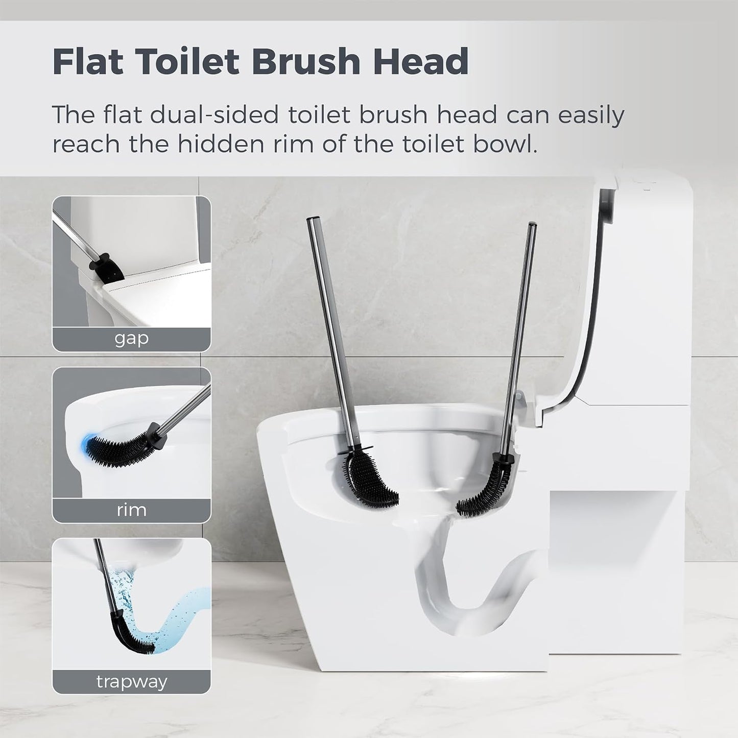 Sineng Silicone Toilet Brush and Holder Set, Stainless Steel Toilet Cleaning Brush, One-Piece Long Handle, Flexible Compact Modern RV Toilet Bowl Brush for Bathroom