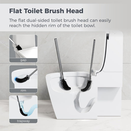 Sineng Silicone Toilet Brush and Holder Set, Stainless Steel Toilet Cleaning Brush, One-Piece Long Handle, Flexible Compact Modern RV Toilet Bowl Brush for Bathroom
