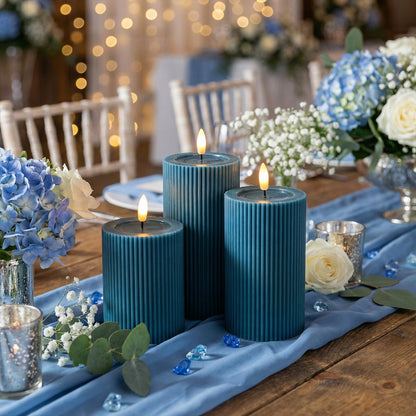 Fluted Ribbed LED Pillar Candles, Cream Beige, with Realistic Reflective Melted-Wax Effect – Flickering Flame, Remote, Dimmable, Flameless, Battery Operated, Home & Wedding Decor (Set of 3)