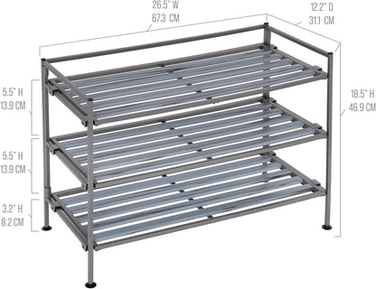 Seville Classics Sturdy Freestanding Storage Shelf for Bedroom, Closet, Entryway, Dorm Room Organizer Stackable Durable Metal Shoe Rack Ash Gray Slat, 3-Tier