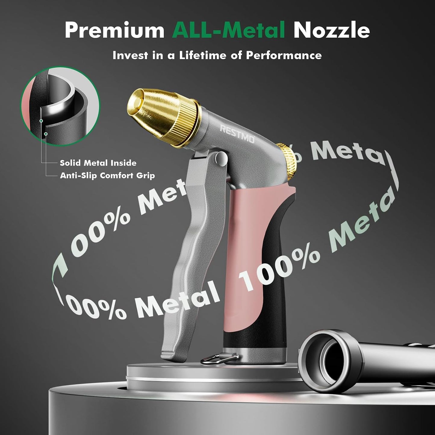 RESTMO Metal Water Hose Nozzle, Heavy Duty Garden Hose Sprayer for Outdoor | Adjustable Brass Spray Head, 4 Watering Patterns, Jet | Mist | Cone | Full, Leak-proof, Ideal for Lawn & Plant & Car, Green