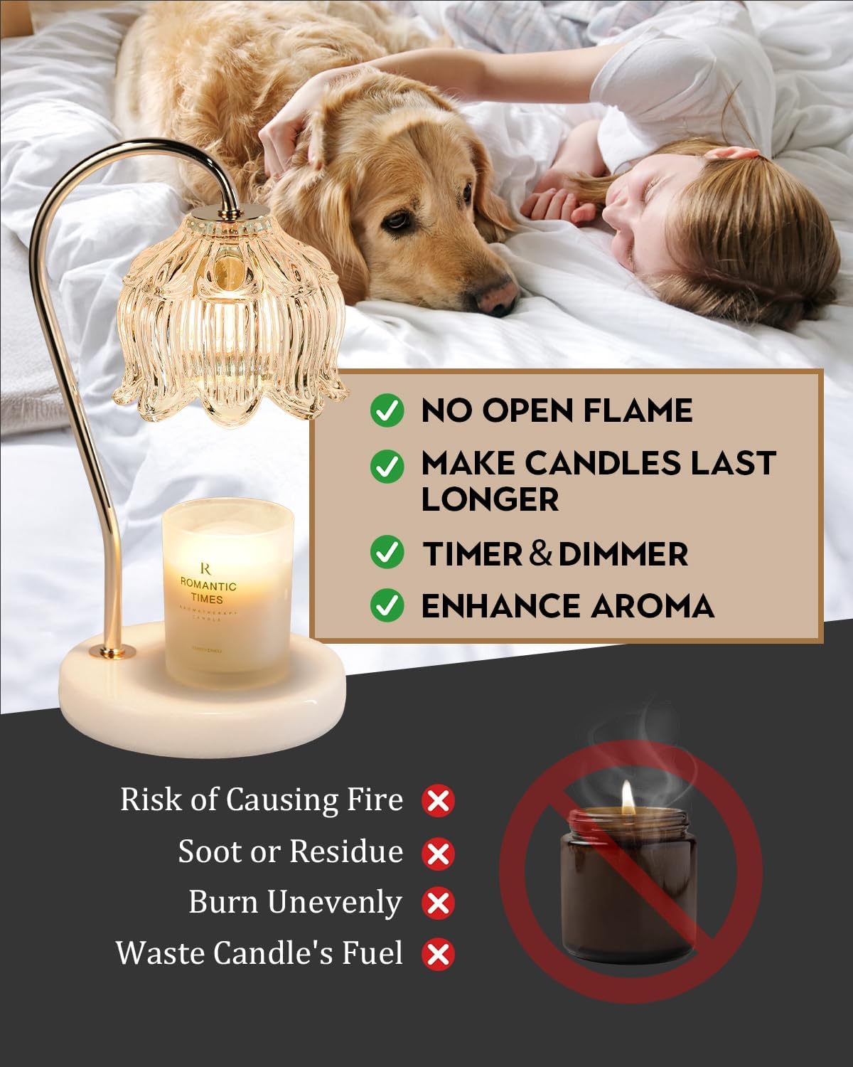 Funistree Flower Candle Warmer Lamp with Timer & Dimmer, Adjustable Height Candle Warmer, Christmas Birthday Gifts for Women Mom, House Warming New Home Decor, Wax Warmer with 2 Bulbs for Jar Candles