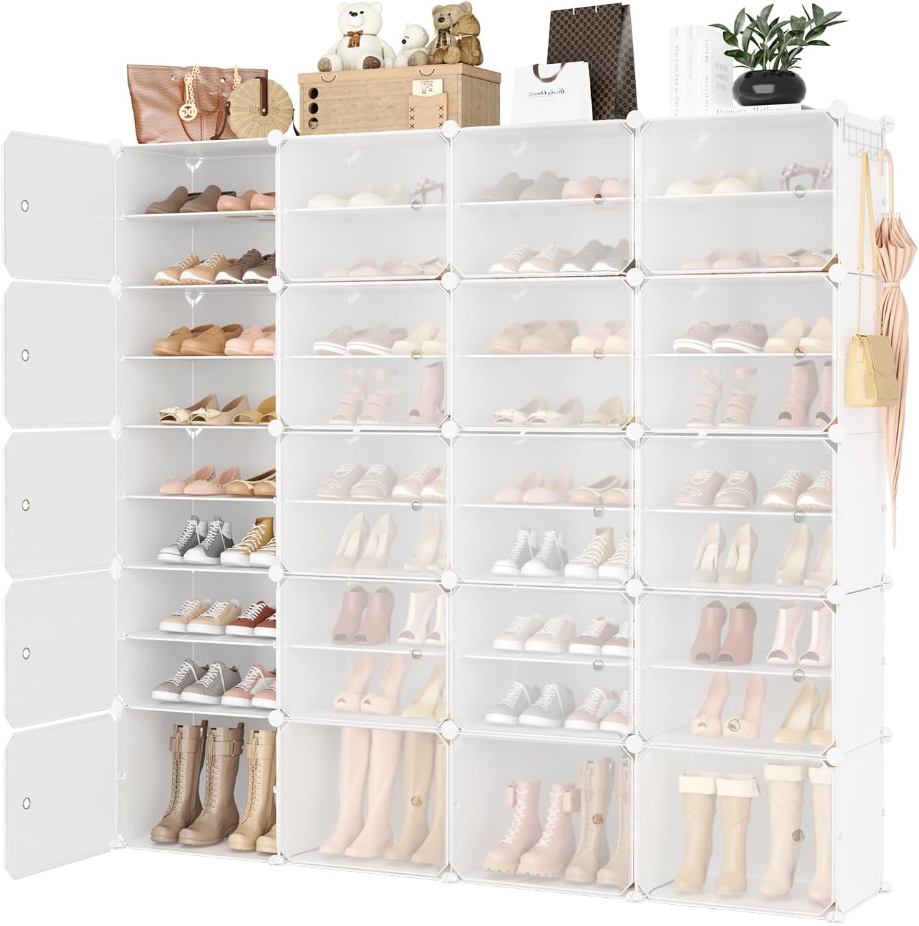 Portable Shoe Rack Organizer with Door, 96 Pairs Shoe Storage Cabinet Easy Assembly, Plastic Adjustable Shoe Storage Organizer Stackable Detachable Free Standing DIY Expandable 12 Tier Black