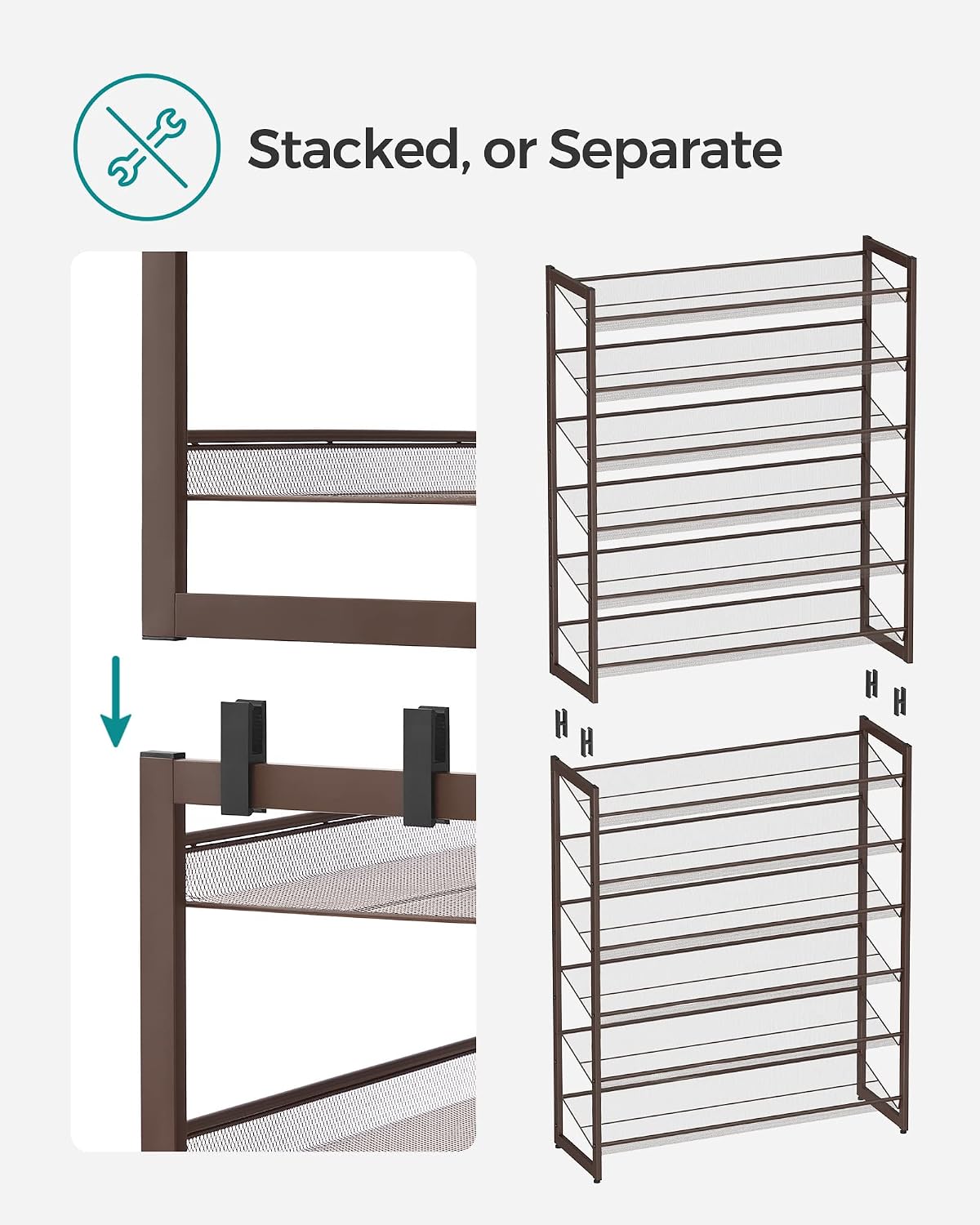 SONGMICS Shoe Rack, 12-Tier Shoe Organizer, Metal Shoe Storage for Garage, Entryway, Set of 2 6-Tier Stackable Shoe Shelf, with Adjustable Flat or Angled Shelves, Holds 48-60 Pairs, Black ULMR12B