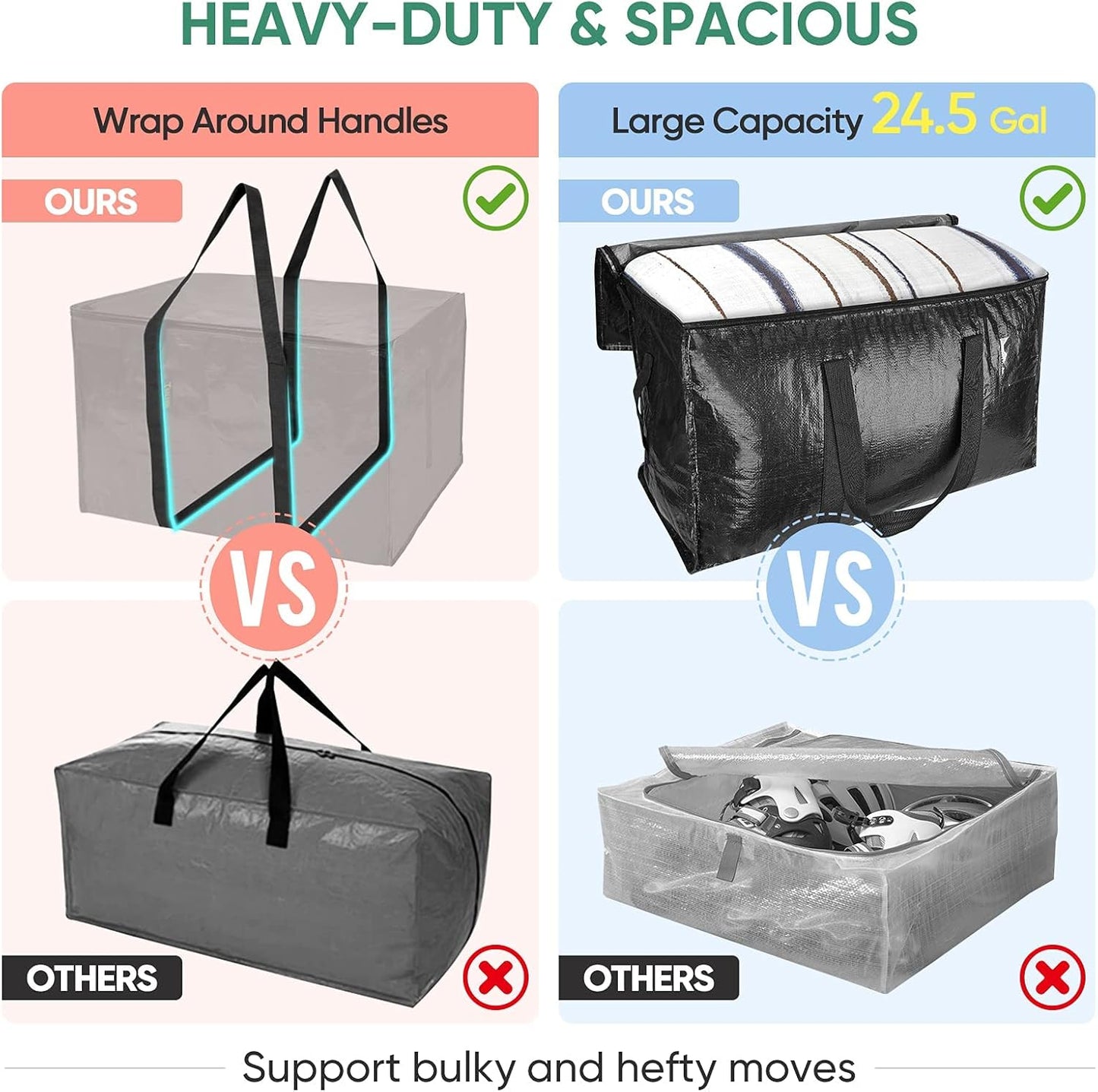 BALEINE 6-Pack Oversized Moving Bags with Reinforced Handles, Heavy-Duty Storage Tote for Clothes, Moving Supplies (Clear, 6-Pack)