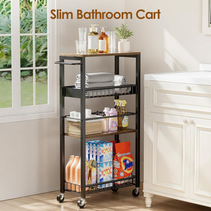 Slim Storage Rolling Cart, 4 Tier Narrow Cart with Wheels, Metal Kitchen Rolling Cart for Small Spaces, Slide Out Storage Shelves for Kitchen, Laundry Room, Bathroom, Living Room, 7.1in(W)