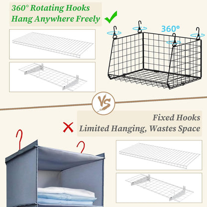 4-Tier Hanging Laundry Room Organizer: Foldable Wire Shelf Basket with 2 Large Hooks 1.65" & 360°Rotating Hooks – Space-Saving Laundry Storage Basket, for Wardrobe Closet Storage, White Patent