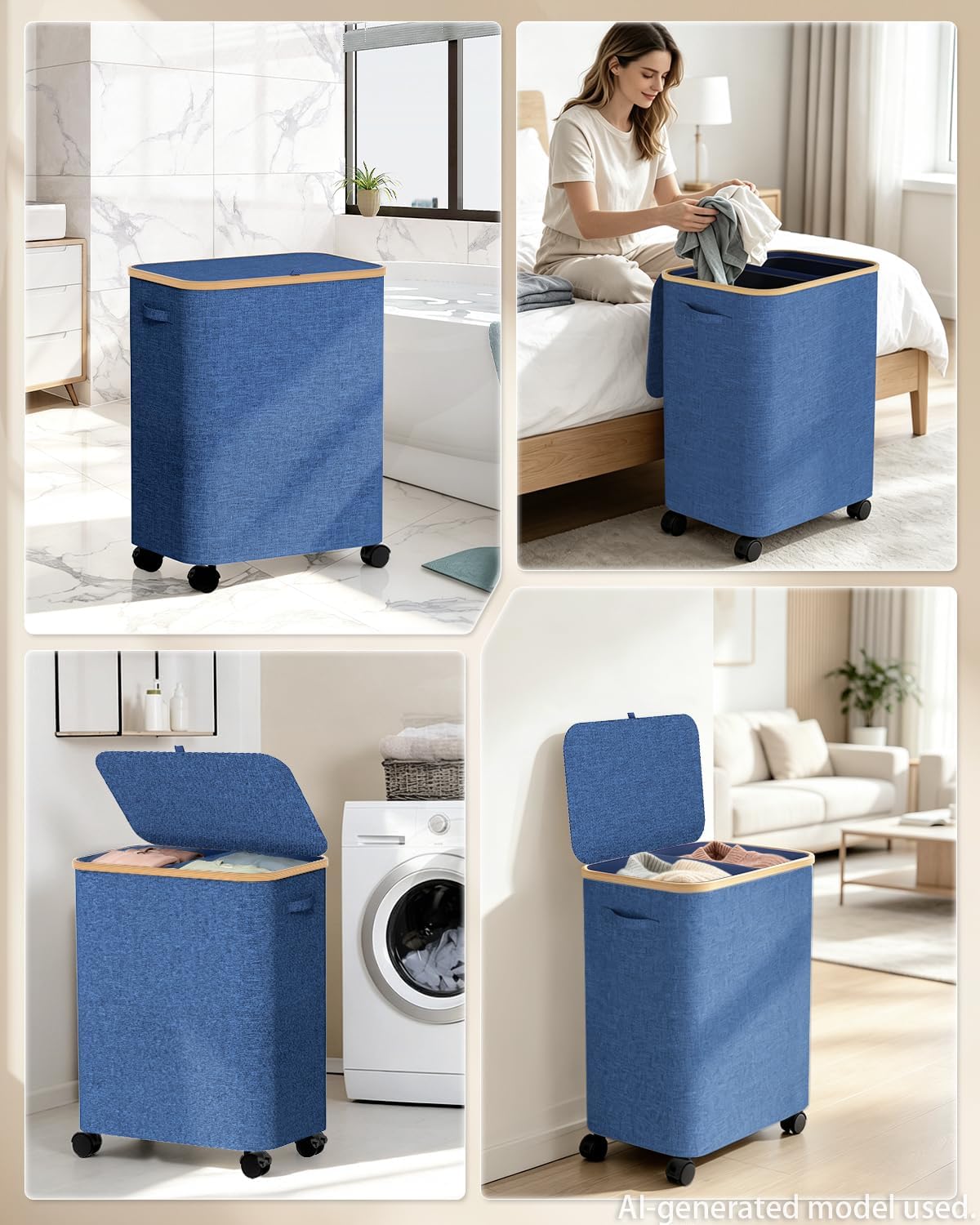 Double Laundry Hamper with Lid and Wheels, 150L Large Laundry Basket with 2 Sections & Removable Liner Bags, Rolling Dirty Clothes Basket with Handles for Bedroom, Bathroom, Dorm, College