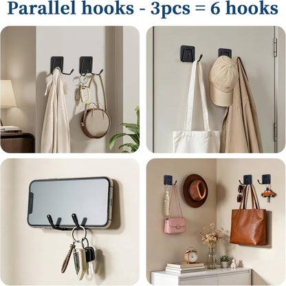 Large Self Adhesive Coat Hooks, Heavy Duty Double Wall Hooks for Hanging - 15lb Max, Rustproof Sticky Wall Hangers for Coat, Bedroom, Outdoor, Kitchen, 14-Day Trial, 3 Pack, Black