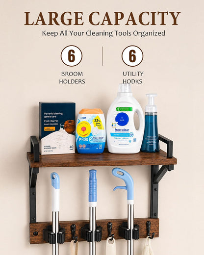Lorbro Broom Holder Wall Mount with Cleaning Supplies Storage, Heavy Duty Broom and Mop Organizer Wall Hanging, Wooden Mop Organizer Hanger, 3 in 1 Storage Shelves for Laundry Room, Garage, Closet
