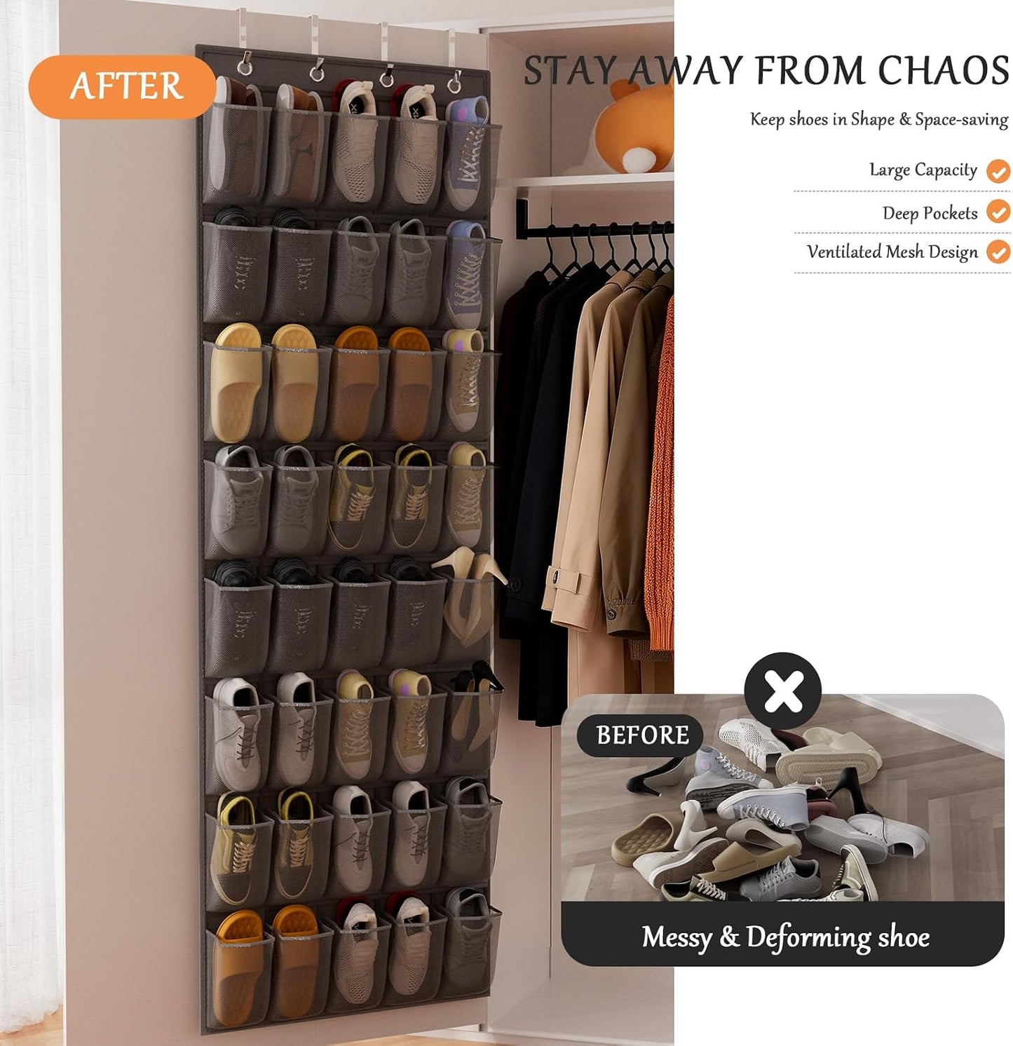 homyfort Over the Door Shoe Organizer, Hanging Shoe Rack Storage Holder with 24 Large Pockets for Closet Door, Men Women Kids Shoes, Cruise (Black)