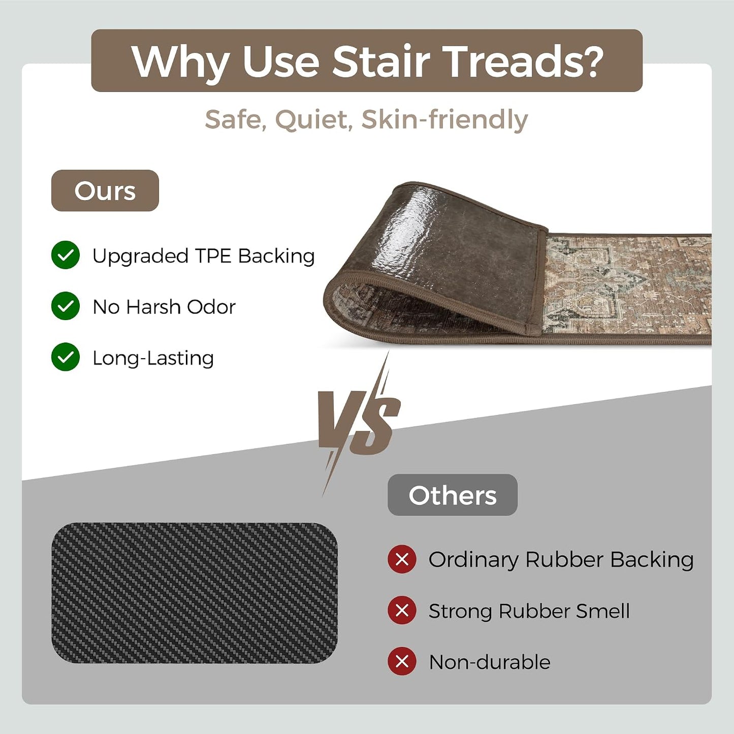 sarben Non Slip Stair Treads for Wooden Steps 15PCS - 8"x30" Indoor Safety Carpet, Edging Mats with TPE Adhesive Backing, Pet and Elderly Friendly Stair Rugs (Taupe) - Colors A