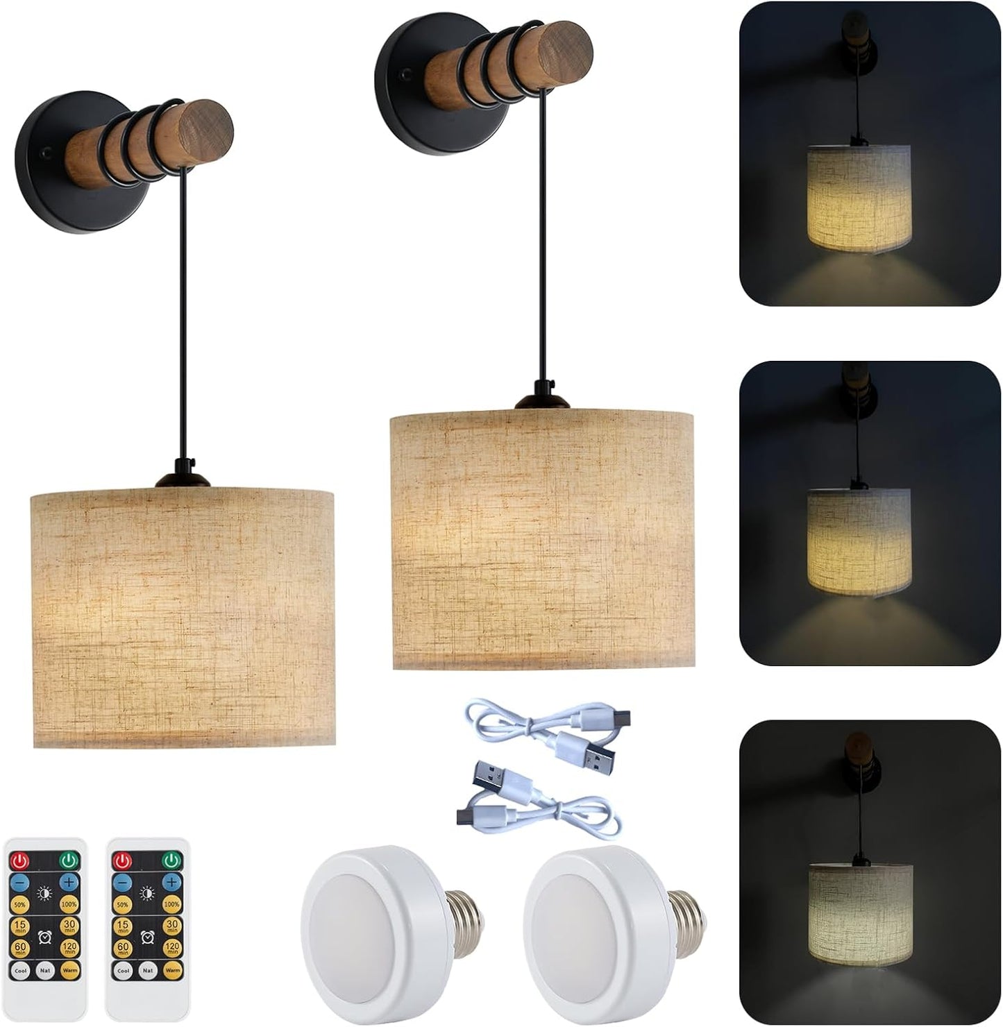 XSDeTu Rechargeable Battery Operated Wall Sconces Set of 2, Modern Battery Powered Wall Light with Wooden Arm & Remote Control, Adjustable 3 Colors Dimmable Wall Lamps for Bedroom, Living Room