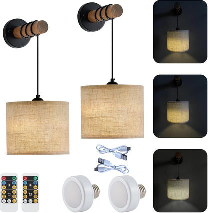 XSDeTu Rechargeable Battery Operated Wall Sconces Set of 2, Modern Battery Powered Wall Light with Wooden Arm & Remote Control, Adjustable 3 Colors Dimmable Wall Lamps for Bedroom, Living Room
