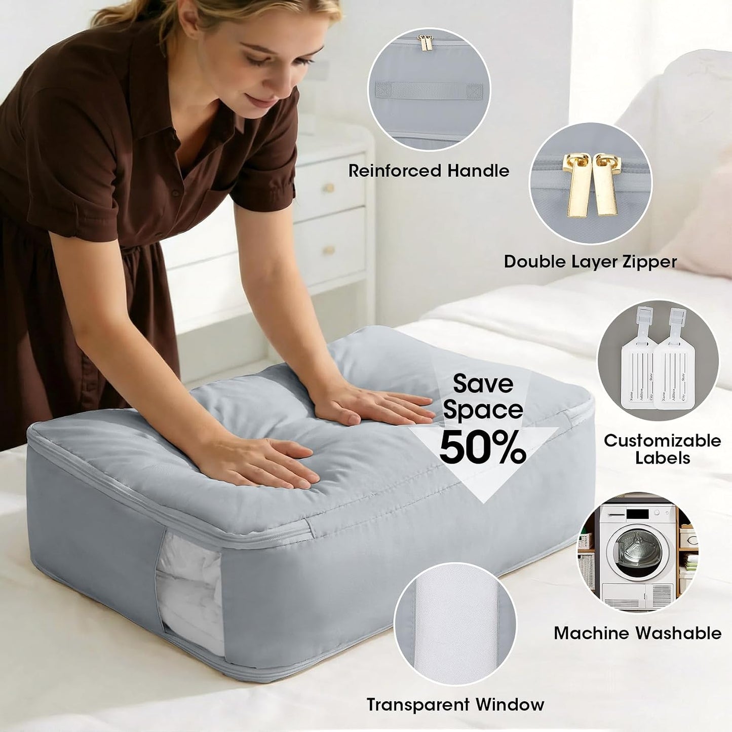 4 Pack Comforter Storage Bag, 68L Blanket Storage Bags Self Compression Comforter Organizer and Storages, Space Saving Washable Compression Bags for Blanket Bedding Pillow Duvet Quilt, Beige
