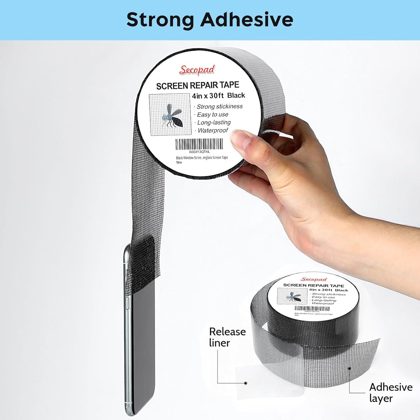 Secopad Grey Window Screen Repair Kit, 4 in X 30 FT (360IN) Screen Repair Tape for Windows or Doors, Strong Adhesive Fiberglass Mesh Patch Tape