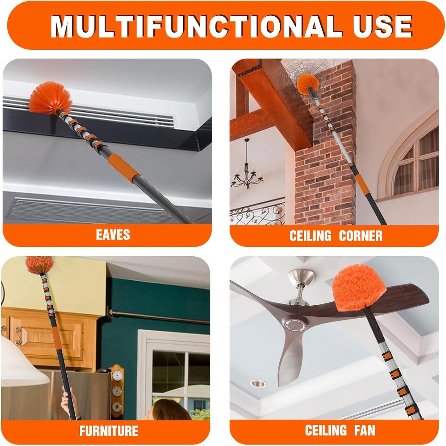 SISUPASSIE 30FT Reach Cobweb Duster with Extension Pole, High Ceiling Long Duster with 5-24FT Telescoping Pole, Spider Web Brush for Indoor Outdoor Use