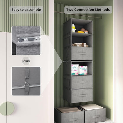 Vailando 6-Shelf Hanging Closet Organizer with 3 Drawers, 2 Separable 3-Shelf Closet Organizers and Storage for Wardrobe Organization, Hanging Dresser for Nursury & Dorm Clothes Organizer