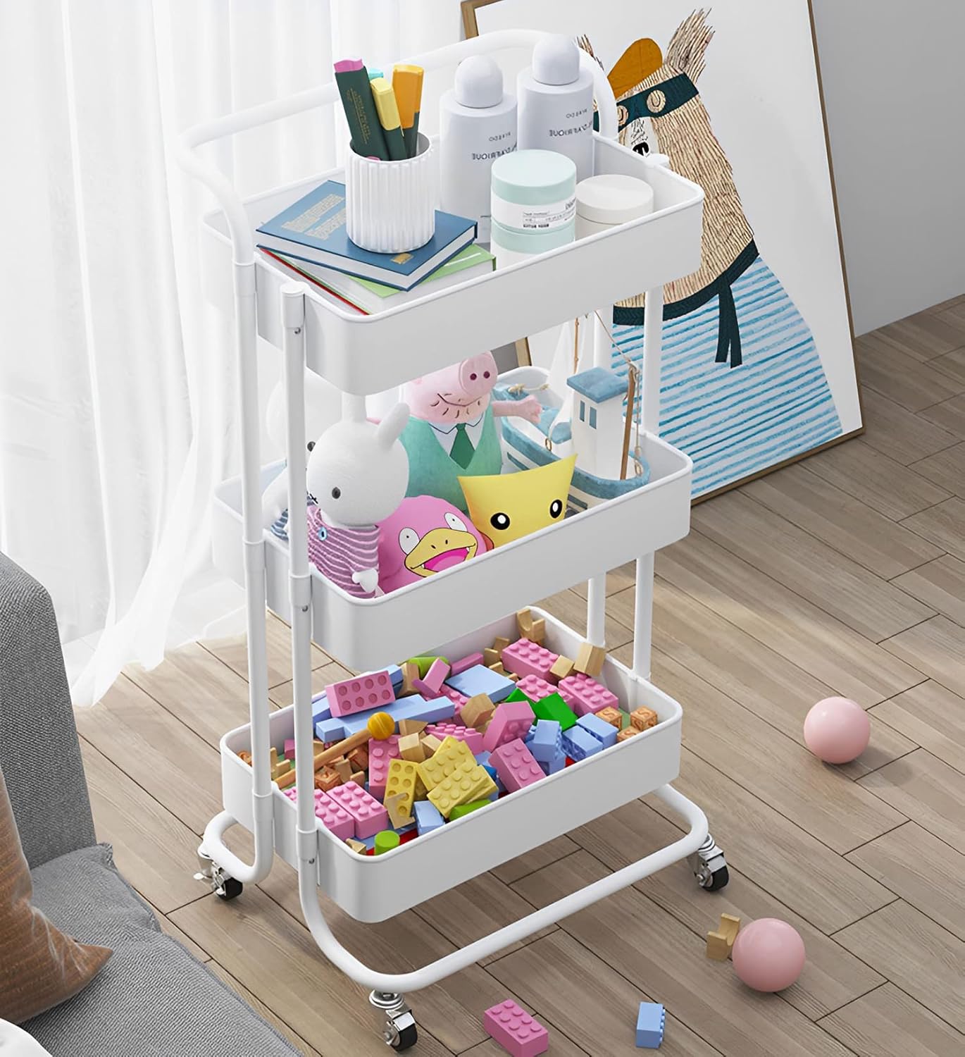 Sooyee 3 Tier Rolling Cart with Wheels, Slim Storage Cart, Under Desk Narrow Rolling Utility Cart Storage Organizer for Office Bathroom Kitchen Laundry Room Narrow Places, White, Plastic and Metal