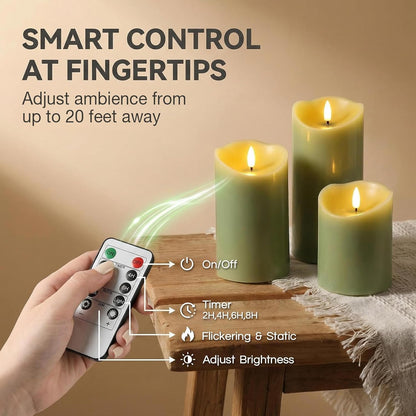 Eywamage Ivory Flameless Pillar Candles with Remote, Flickering Realistic LED Battery Wax Candles Set of 3, Φ 3" H 4" 5" 6"