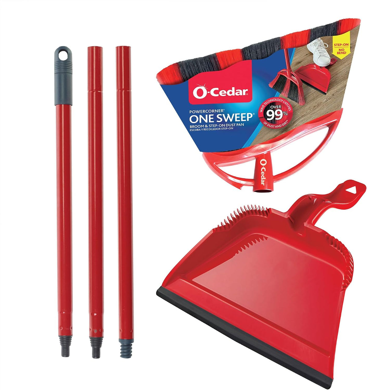 O-Cedar Strong Sweep Broom and Dustpan Set with Detail Brush | Indoor Outdoor Heavy Duty Stiff Bristle Broom | Step-On Dust Pan