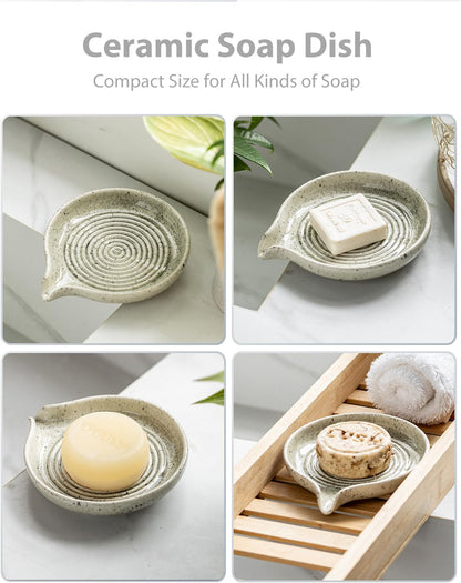 Self Draining Soap Dish, Ceramic Drain Soap Holder Waterfall Design Soap Saver for Shower, Bathroom, Sink, Kitchen and Countertop, Keeps Dry, Green