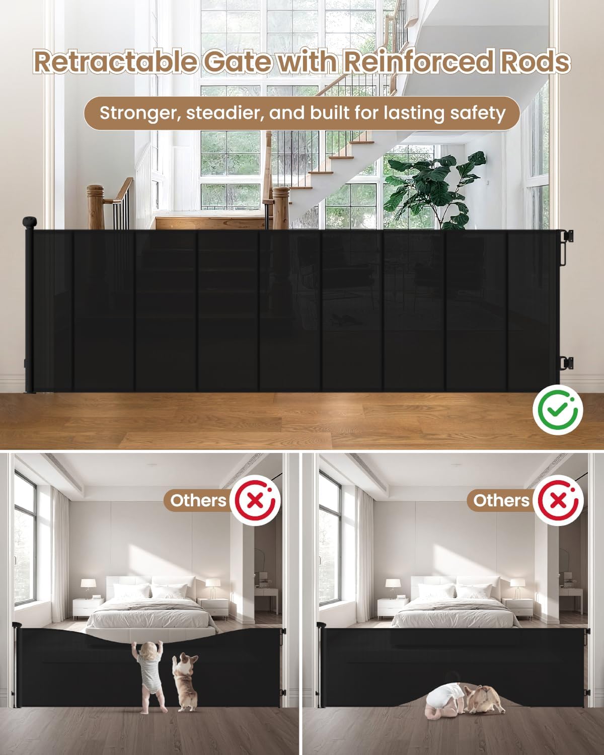 Retractable Baby Gate, 55" Wide Reinforced Mesh Baby Gate with 4 Fiberglass Support Rods for a Tighter Fit, 34" Tall Retractable Dog Gate for Stairways, Hallways and Doorways, Black